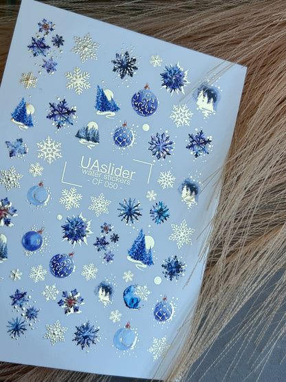 Nail Water Decal CF-050 | Blue Winter Nail Water Decals | Snowflakes, Trees & Christmas Ornaments