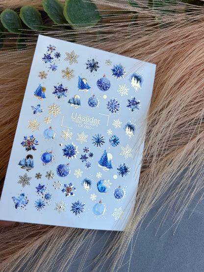 Nail Water Decal CF-050 | Blue Winter Nail Water Decals | Snowflakes, Trees & Christmas Ornaments