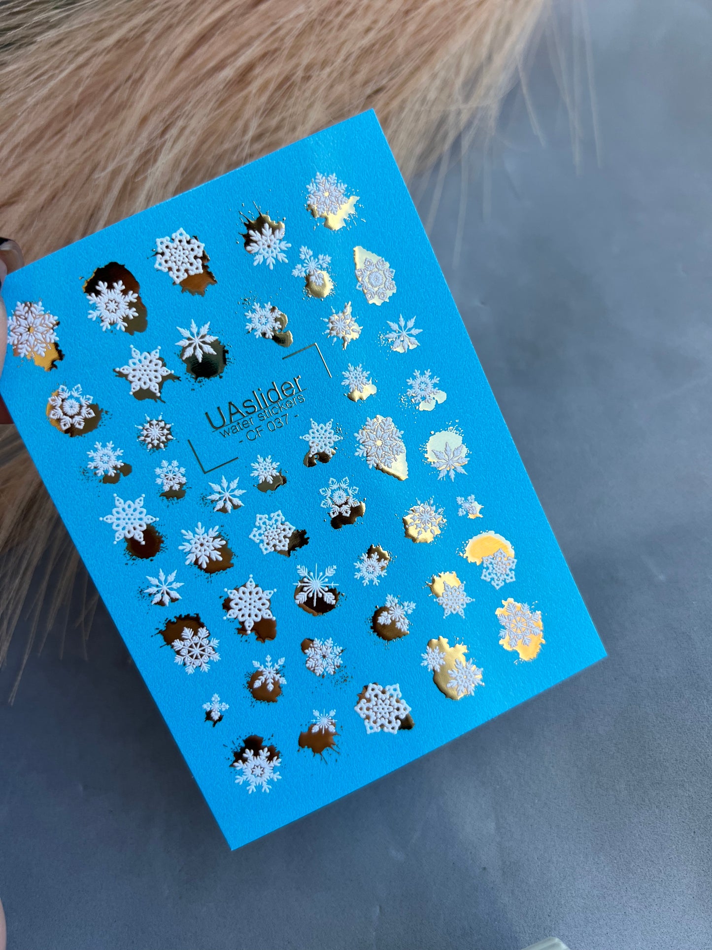 Nail Water Decal CF-037 | Snowflake Water Slide Nail Decals | White Winter Snowflakes with Gold Foil