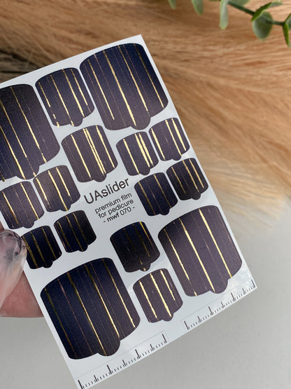 Pedicure nail wrap films mwf-070 | Nail Wrap Films for Pedicure | Deep Navy with Gold Foil Stripes