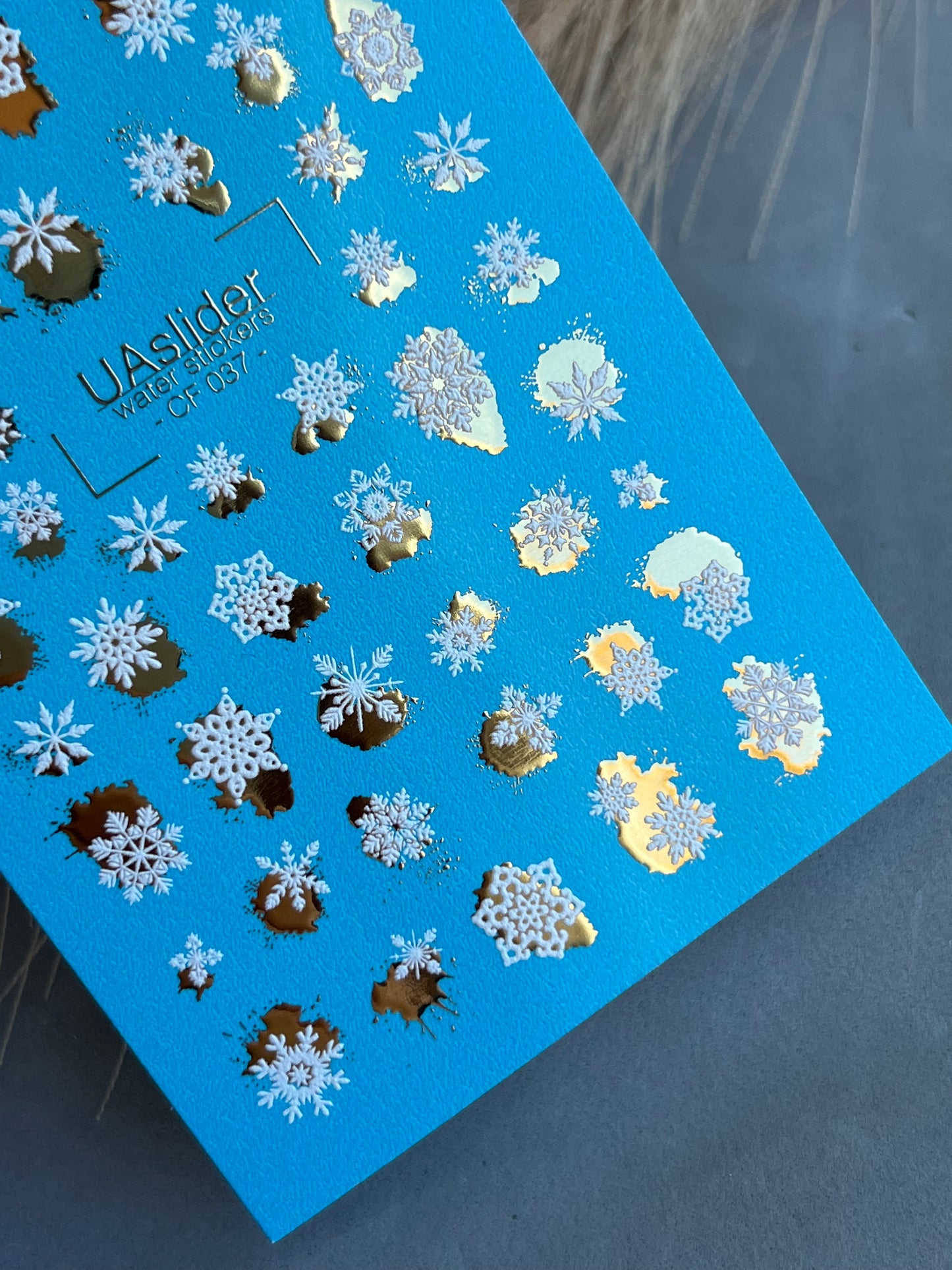 Nail Water Decal CF-037 | Snowflake Water Slide Nail Decals | White Winter Snowflakes with Gold Foil