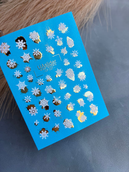 Nail Water Decal CF-037 | Snowflake Water Slide Nail Decals | White Winter Snowflakes with Gold Foil