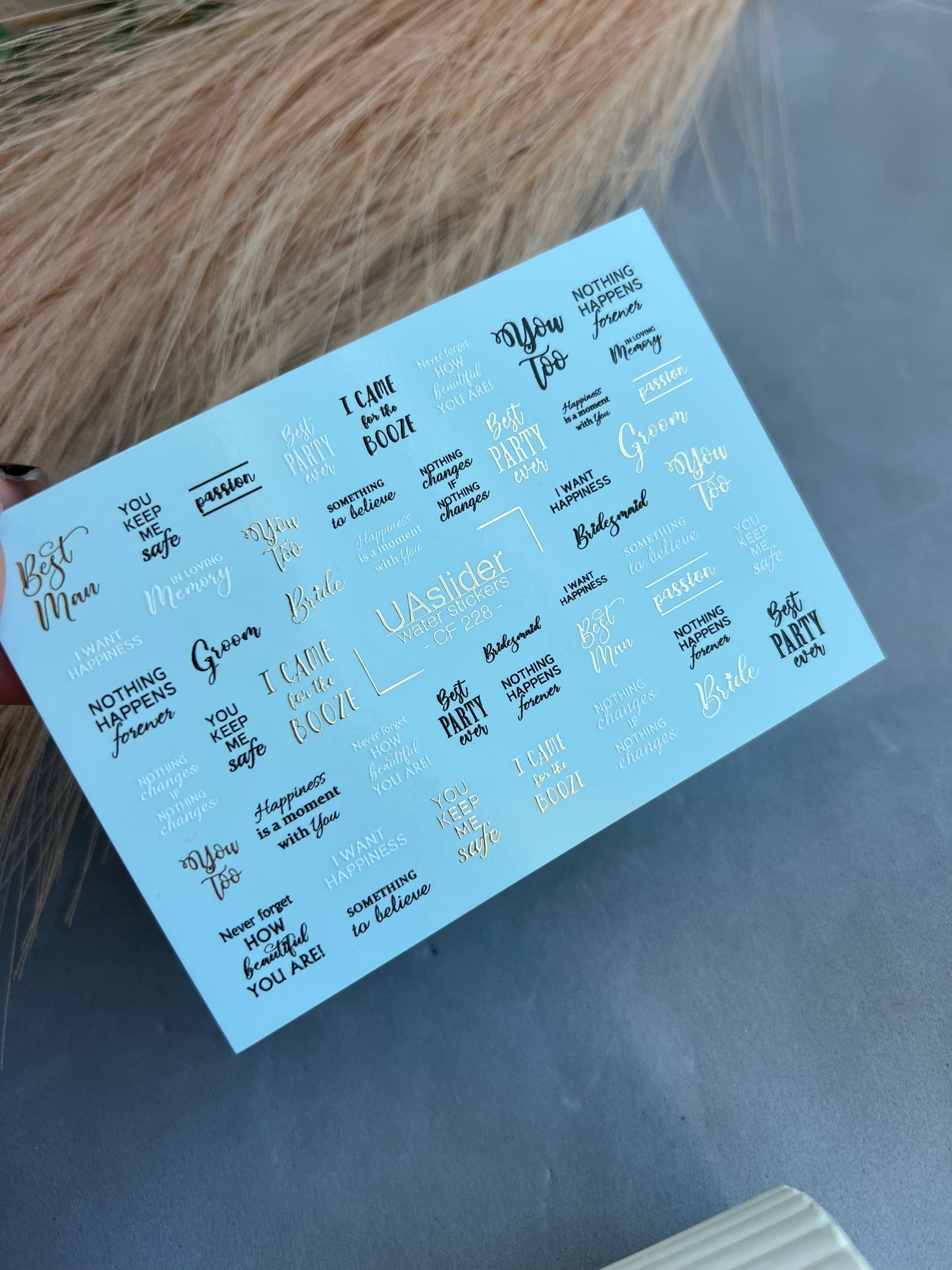 Nail Water Decal CF-228 | Lettering Water Slide Nail Decals | Wedding Quotes & Gold Accents