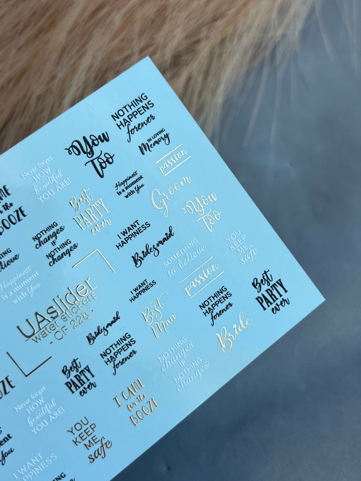 Nail Water Decal CF-228 | Lettering Water Slide Nail Decals | Wedding Quotes & Gold Accents