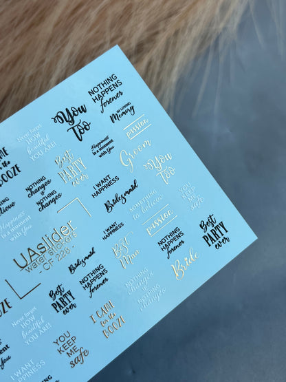 Nail Water Decal CF-228 | Lettering Water Slide Nail Decals | Wedding Quotes & Gold Accents