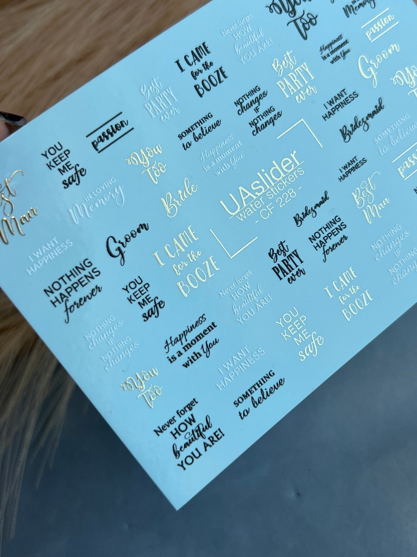 Nail Water Decal CF-228 | Lettering Water Slide Nail Decals | Wedding Quotes & Gold Accents