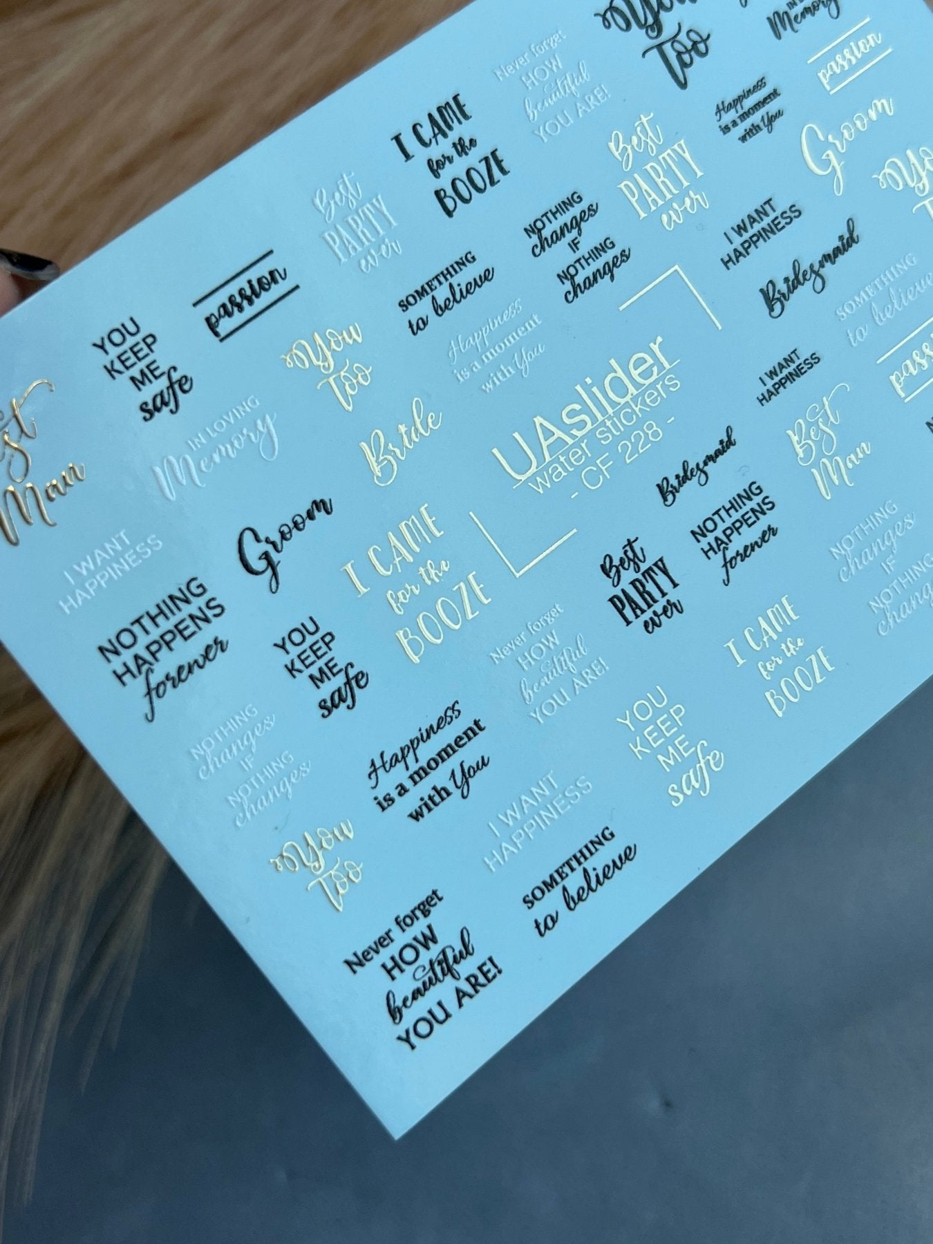 Nail Water Decal CF-228 | Lettering Water Slide Nail Decals | Wedding Quotes & Gold Accents - UASLIDER