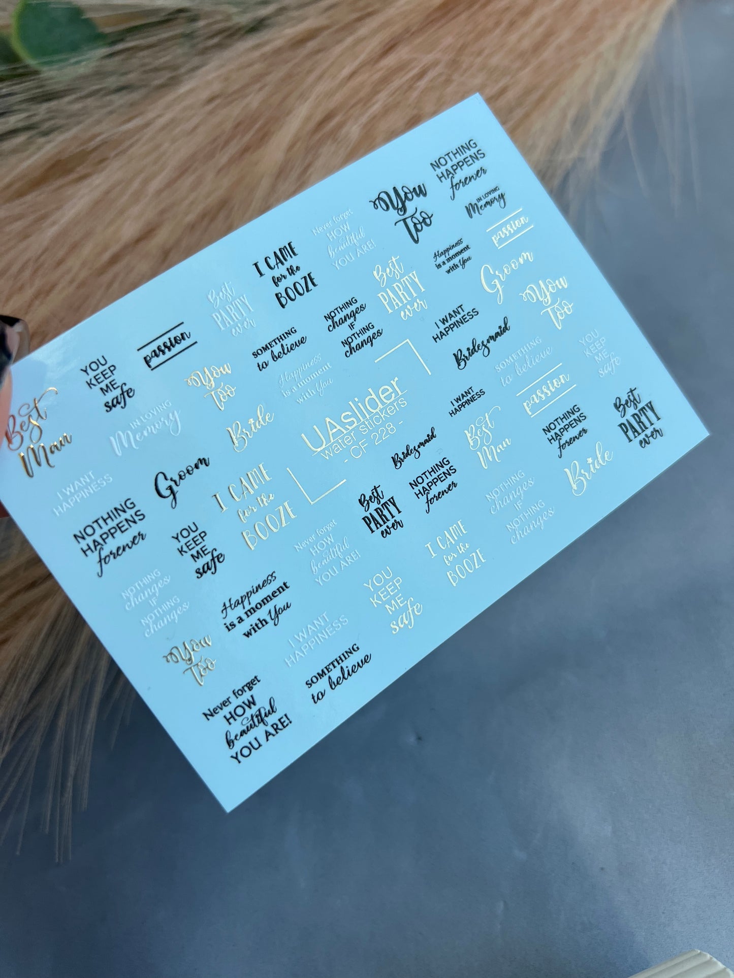 Nail Water Decal CF-228 | Lettering Water Slide Nail Decals | Wedding Quotes & Gold Accents