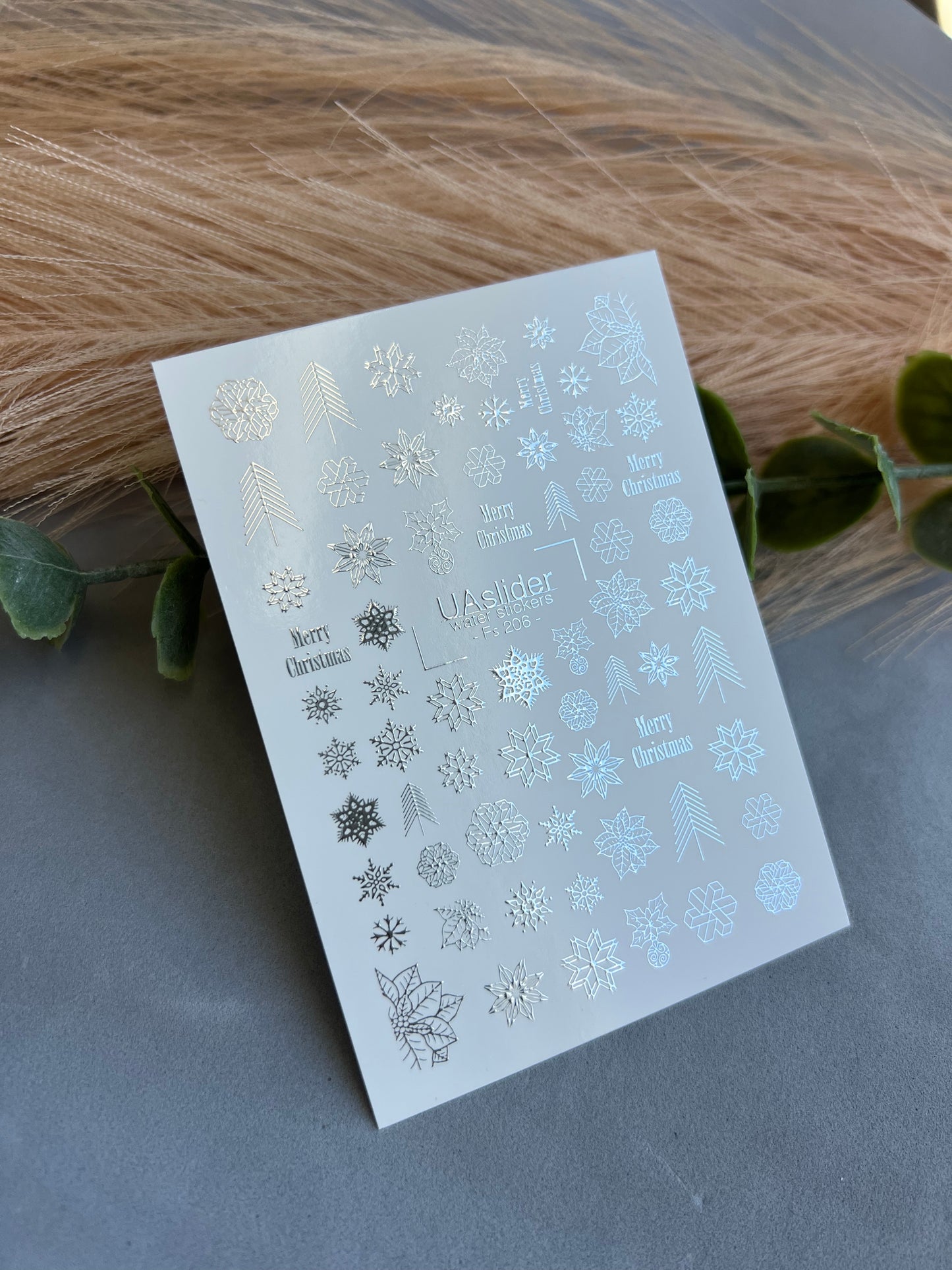 Naklejka wodna na paznokcie Fs-206 | Naklejki wodne na paznokcie z motywem świątecznych płatków śniegu | Gwiazda betlejemska i świąteczne napisy