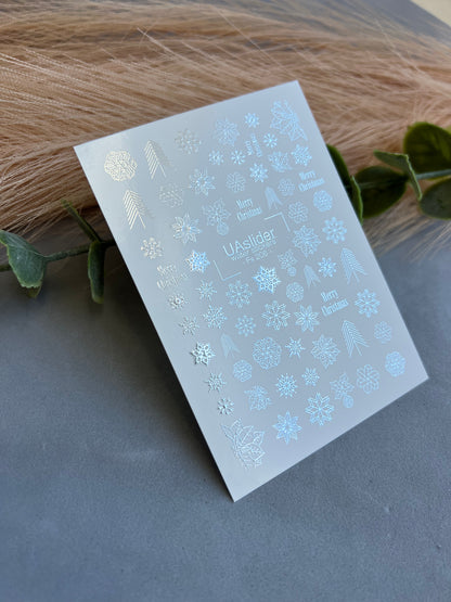 Naklejka wodna na paznokcie Fs-206 | Naklejki wodne na paznokcie z motywem świątecznych płatków śniegu | Gwiazda betlejemska i świąteczne napisy