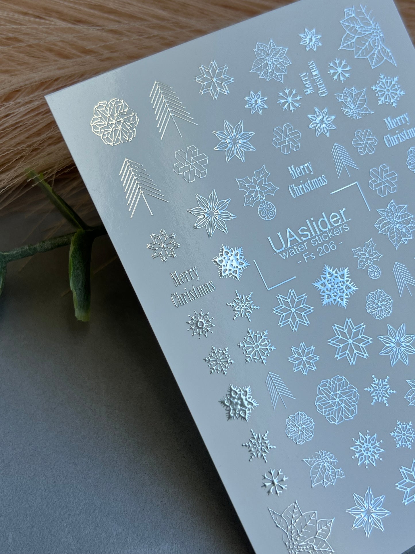Naklejka wodna na paznokcie Fs-206 | Naklejki wodne na paznokcie z motywem świątecznych płatków śniegu | Gwiazda betlejemska i świąteczne napisy