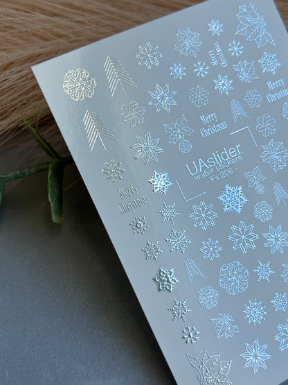 Naklejka wodna na paznokcie Fs-206 | Naklejki wodne na paznokcie z motywem świątecznych płatków śniegu | Gwiazda betlejemska i świąteczne napisy