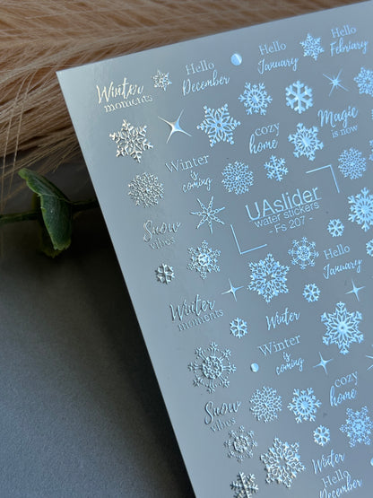 Nagel Wasserabziehbild Fs-207 | Wasserabziehbare Nagelaufkleber Schneeflocken | Winterzitate und Gemütliches Design