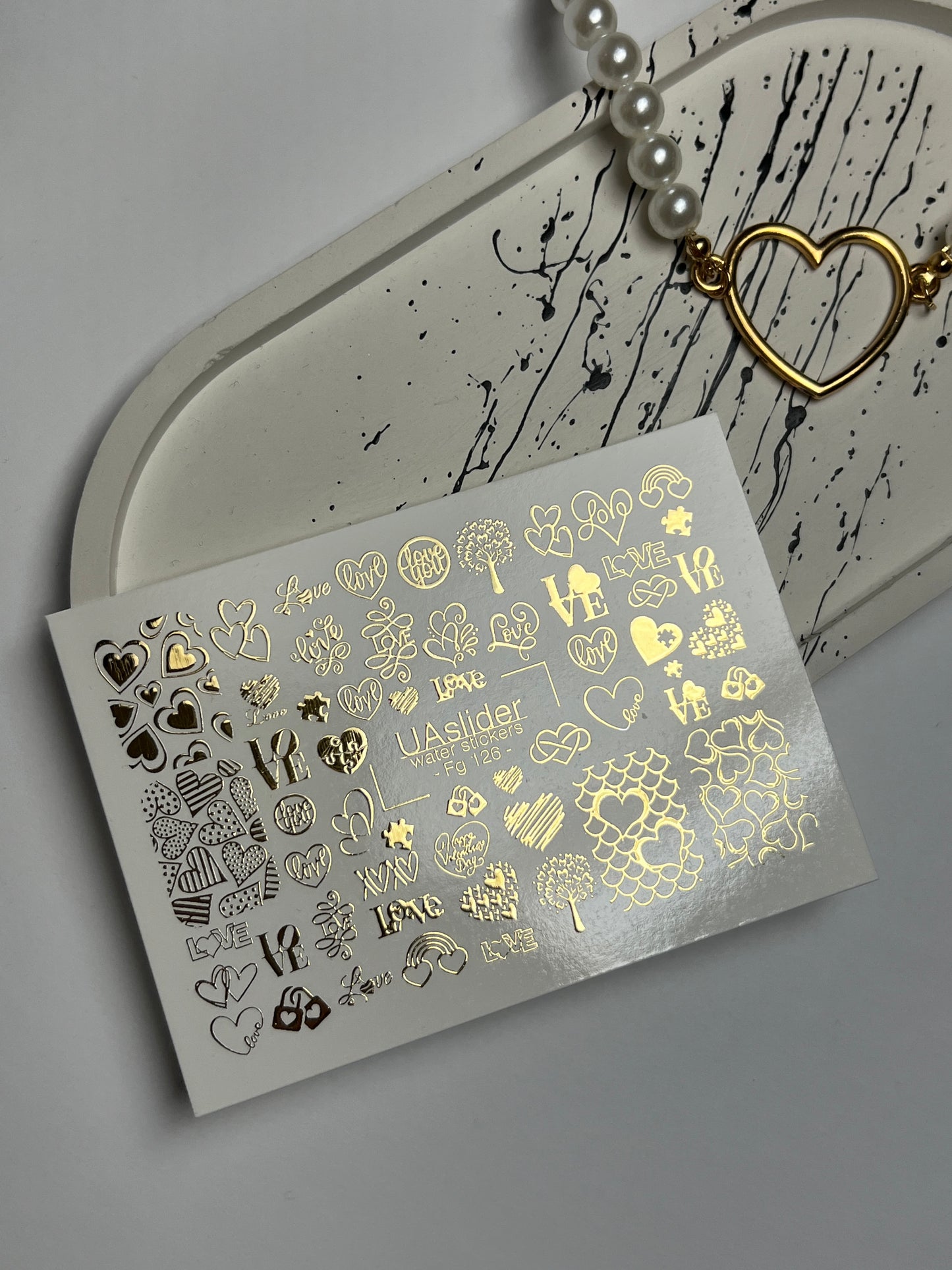 Nail Water Decal Fg-126 | Water Slide Nail Decals with Gold Hearts & Love Symbols | Romantic Design