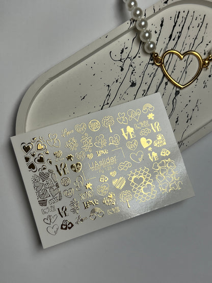 Nail Water Decal Fg-126 | Water Slide Nail Decals with Gold Hearts & Love Symbols | Romantic Design