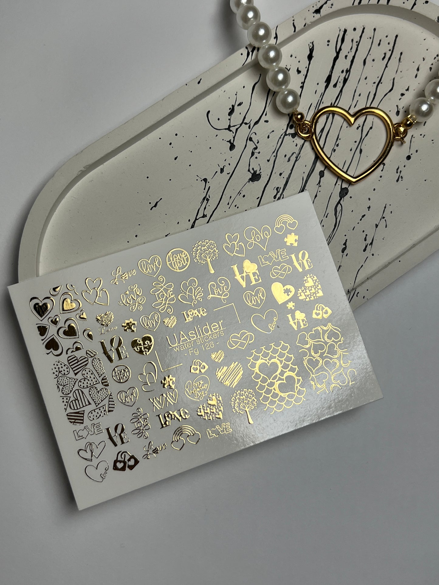 Nail Water Decal Fg-126 | Water Slide Nail Decals with Gold Hearts & Love Symbols | Romantic Design