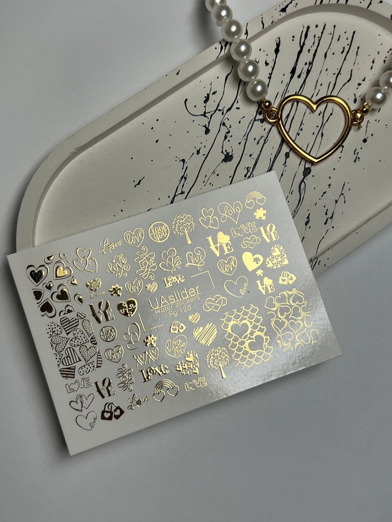 Nail Water Decal Fg-126 | Water Slide Nail Decals with Gold Hearts & Love Symbols | Romantic Design - UASLIDER