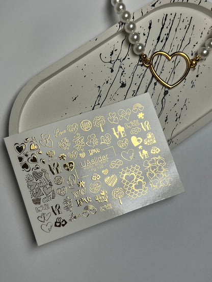 Nail Water Decal Fg-126 | Water Slide Nail Decals with Gold Hearts & Love Symbols | Romantic Design
