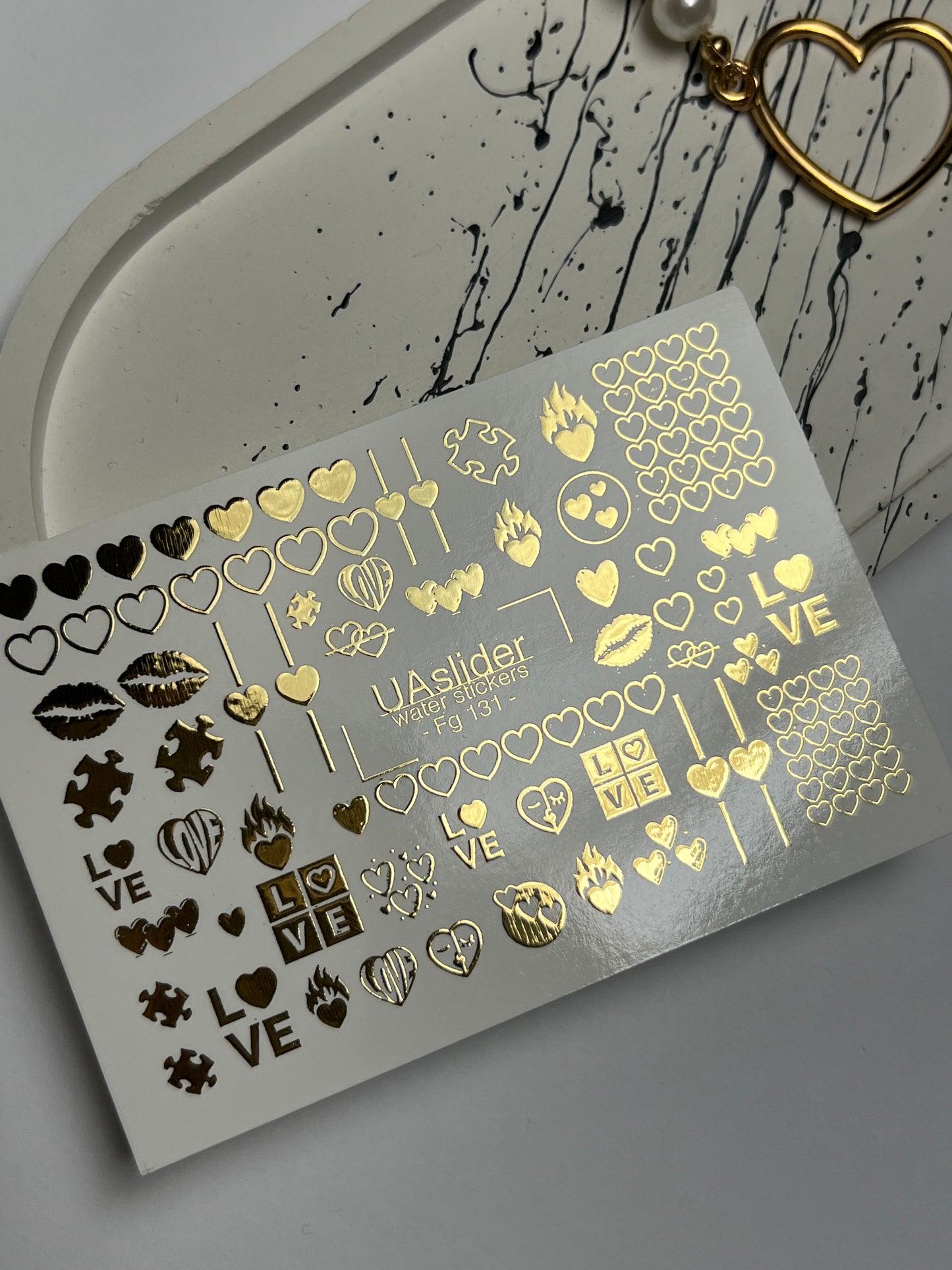 Nail Water Decal Fg-131 | Water Slide Nail Decals with Gold Hearts and Love Symbols | Romantic Nail Tattoos
