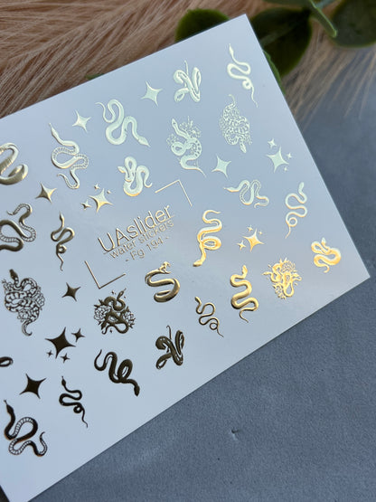 Nail Water Decal Fg-194 | Water Slide Nail Decals | Gold Foil Snakes & Stars