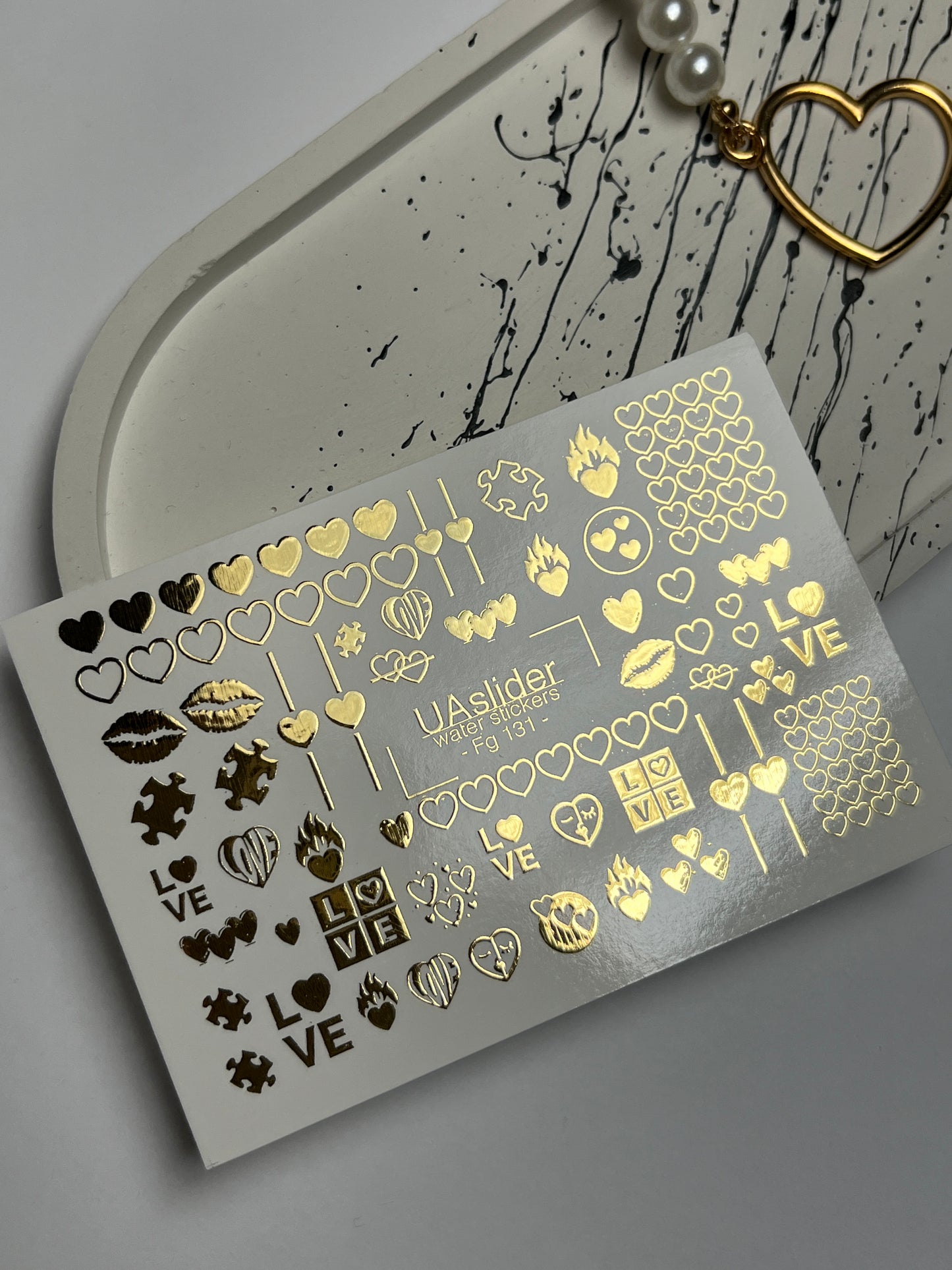 Nail Water Decal Fg-131 | Water Slide Nail Decals with Gold Hearts and Love Symbols | Romantic Nail Tattoos