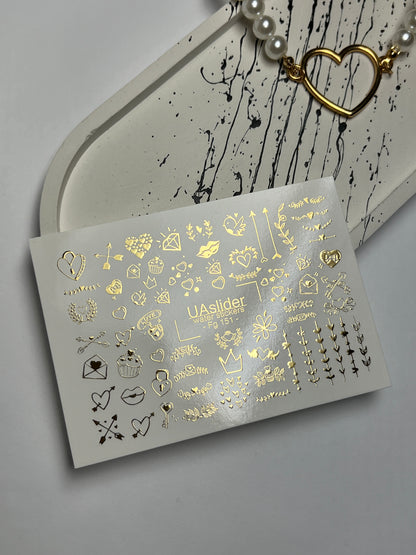 Nail Water Decal Fg-151 | Gold Foil Water Slide Nail Decals | Romantic Love Symbols