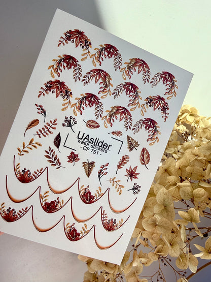 Nail Water Decal CF-751 | Water Slide Nail Decals | Autumn Leaves and Gold Branches