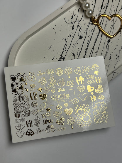 Nail Water Decal Fg-126 | Water Slide Nail Decals with Gold Hearts & Love Symbols | Romantic Design