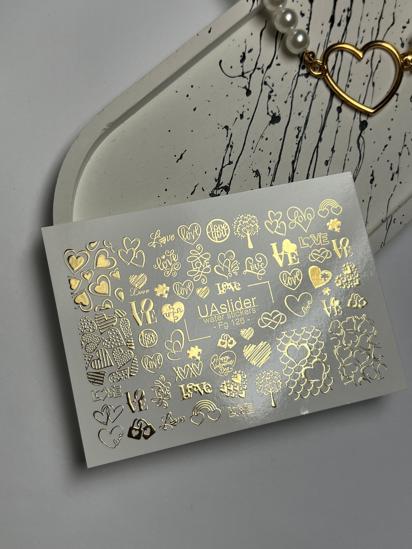 Nail Water Decal Fg-126 | Water Slide Nail Decals with Gold Hearts & Love Symbols | Romantic Design