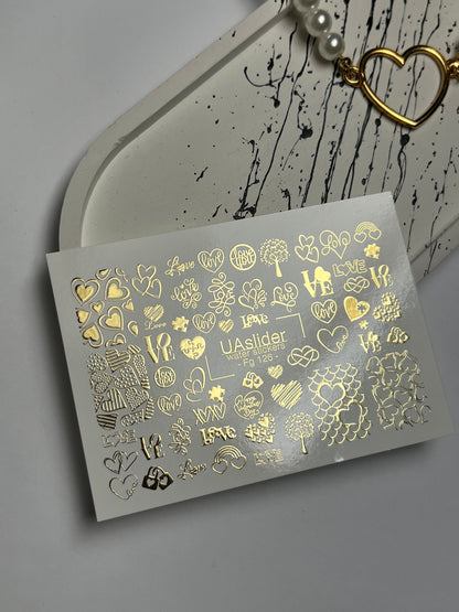 Nail Water Decal Fg-126 | Water Slide Nail Decals with Gold Hearts & Love Symbols | Romantic Design