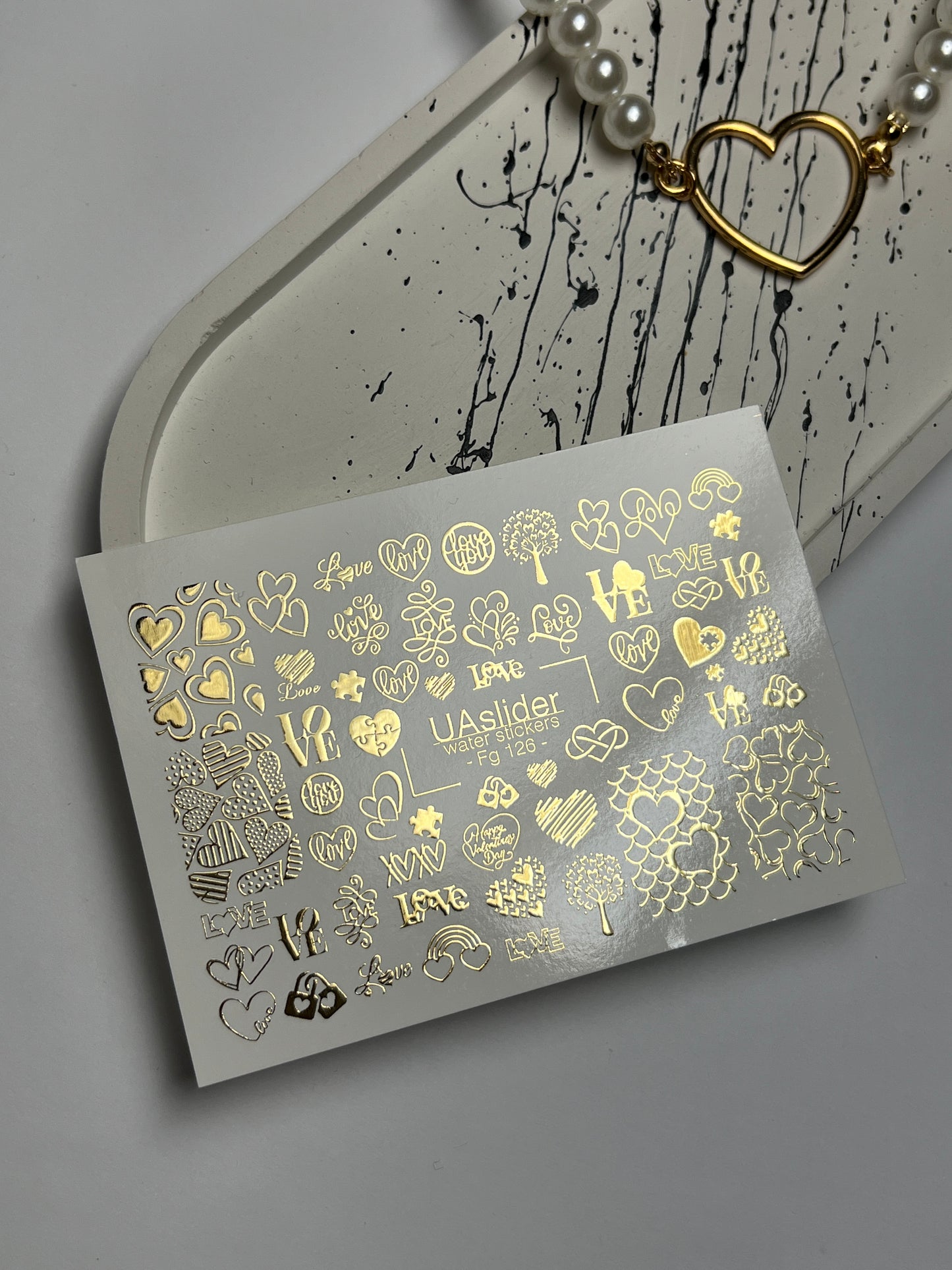 Nail Water Decal Fg-126 | Water Slide Nail Decals with Gold Hearts & Love Symbols | Romantic Design