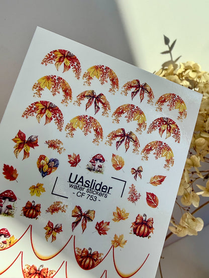 Nail Water Decal CF-753 | Water Slide Nail Decals | Autumn Pumpkins and Leaves Design