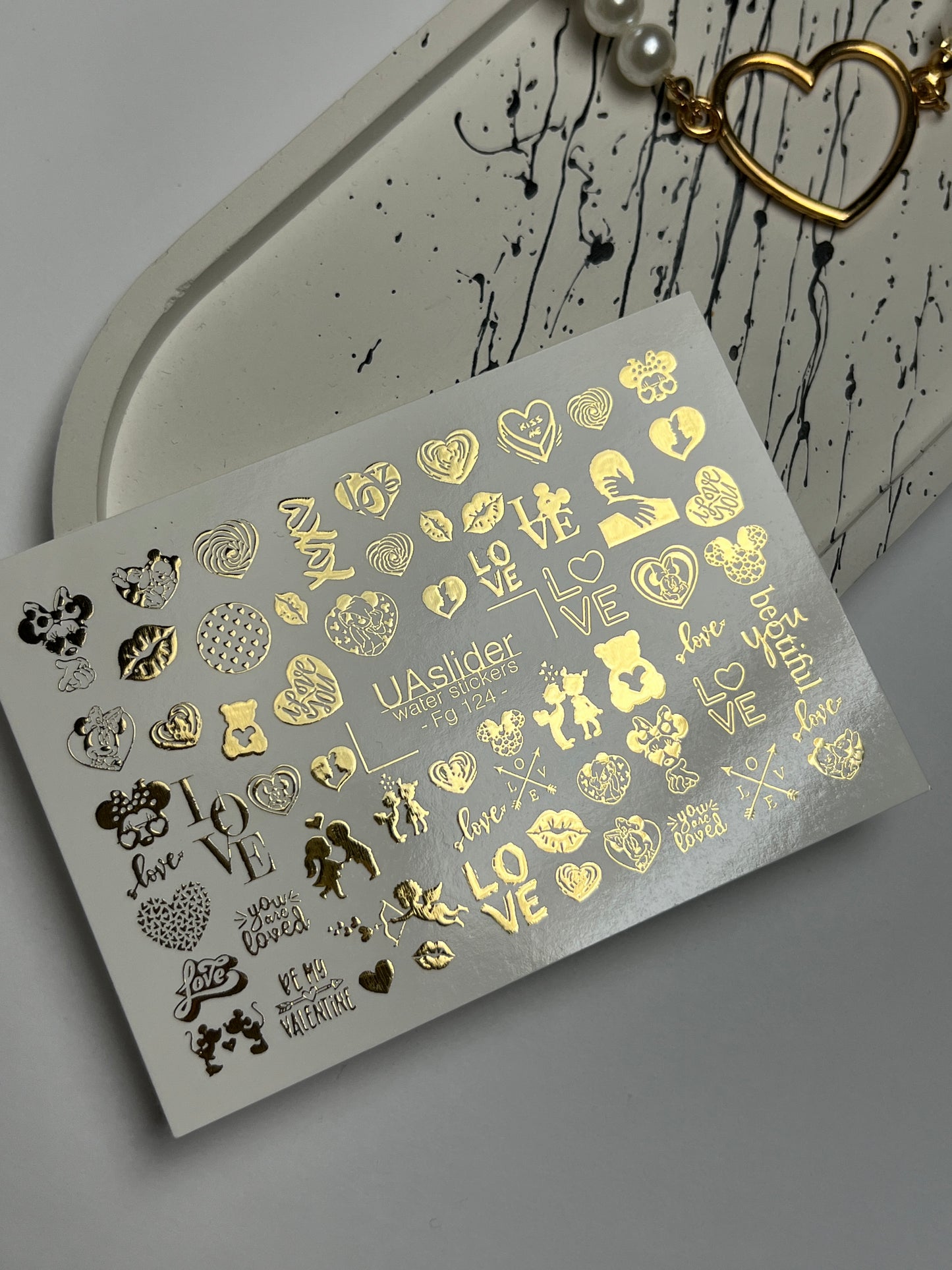 Nail Water Decal Fg-124 | Water Slide Nail Decals with Gold Hearts & Love Quotes | Romantic Valentine