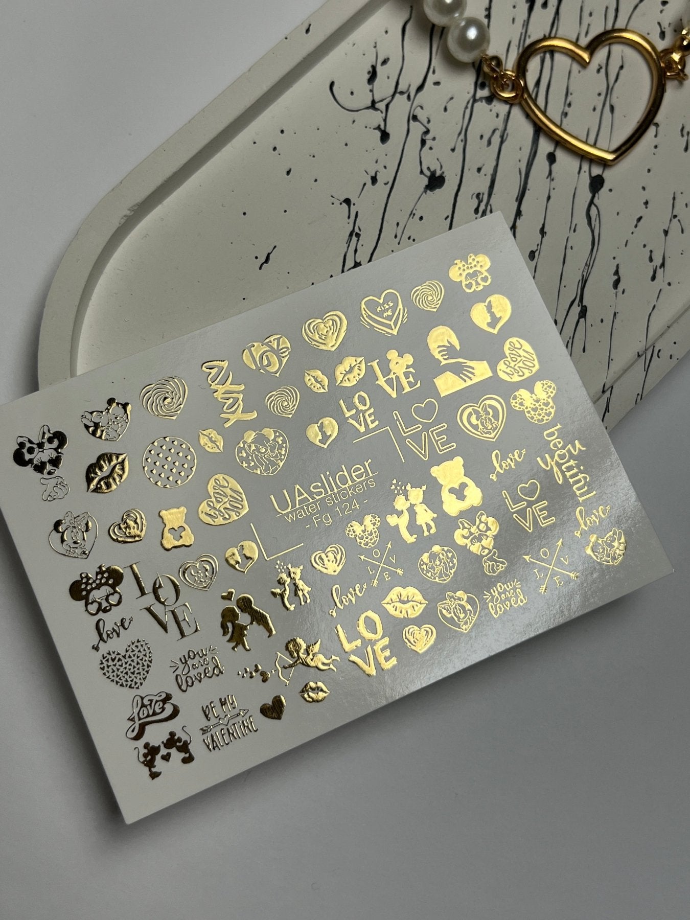 Nail Water Decal Fg-124 | Water Slide Nail Decals with Gold Hearts & Love Quotes | Romantic Valentine - UASLIDER
