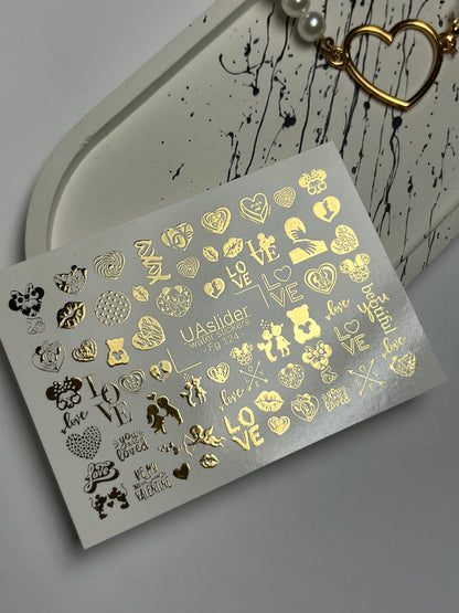 Nail Water Decal Fg-124 | Water Slide Nail Decals with Gold Hearts & Love Quotes | Romantic Valentine