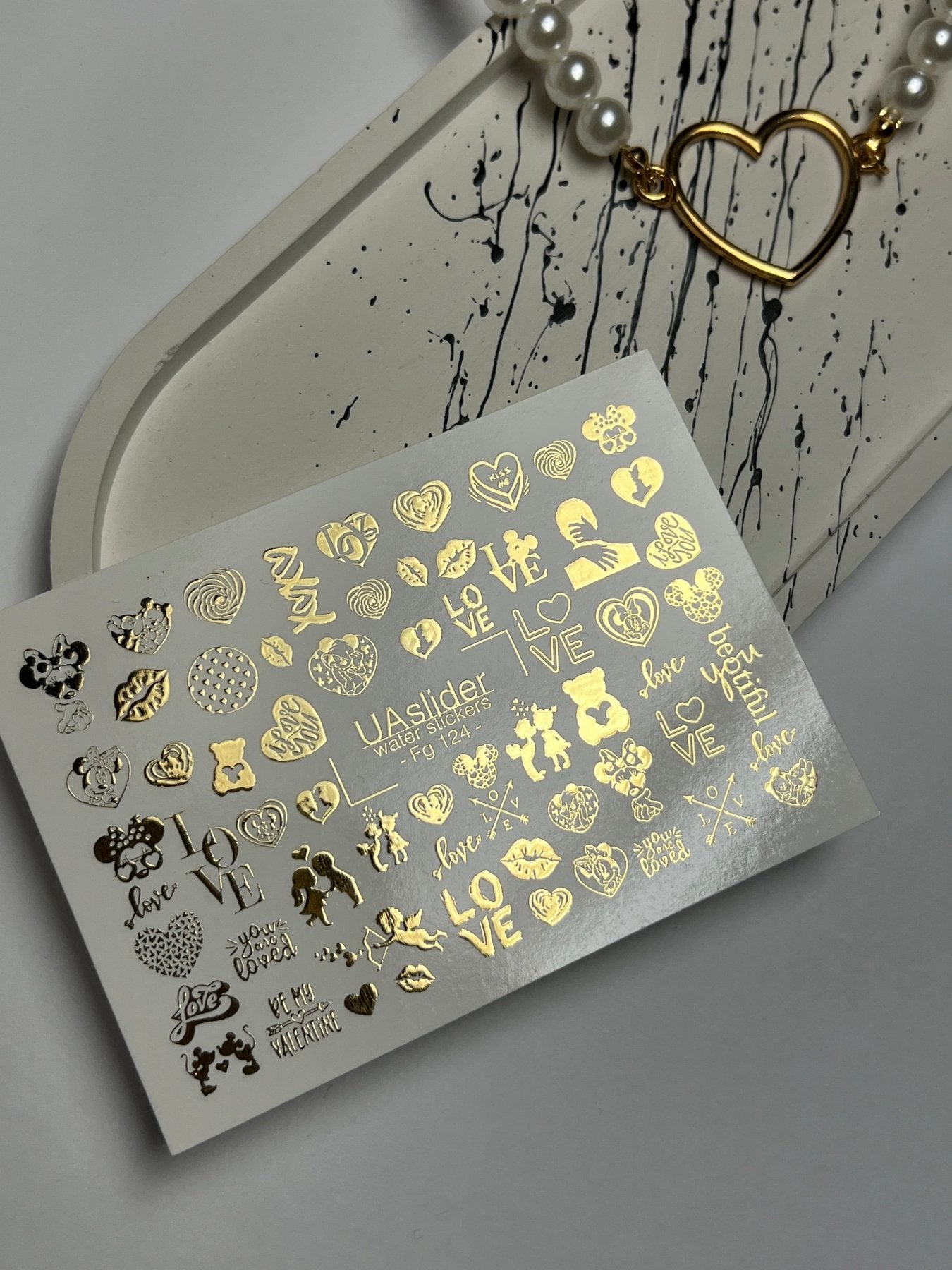 Nail Water Decal Fg-124 | Water Slide Nail Decals with Gold Hearts & Love Quotes | Romantic Valentine - UASLIDER