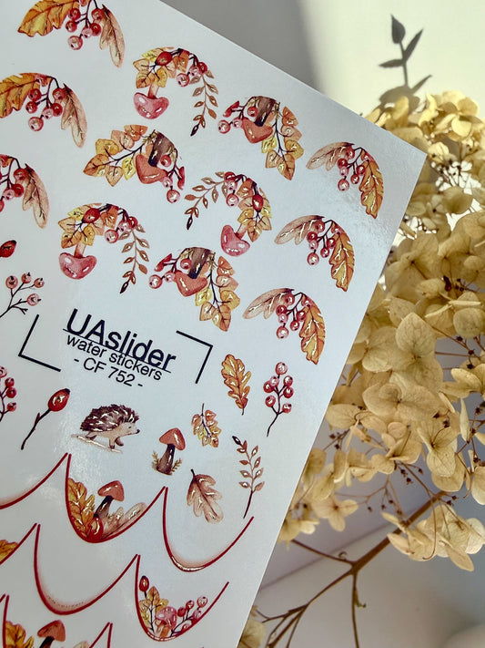 Nail Water Decal CF-752 | Water Slide Nail Decals | Autumn Leaves and Mushrooms Design