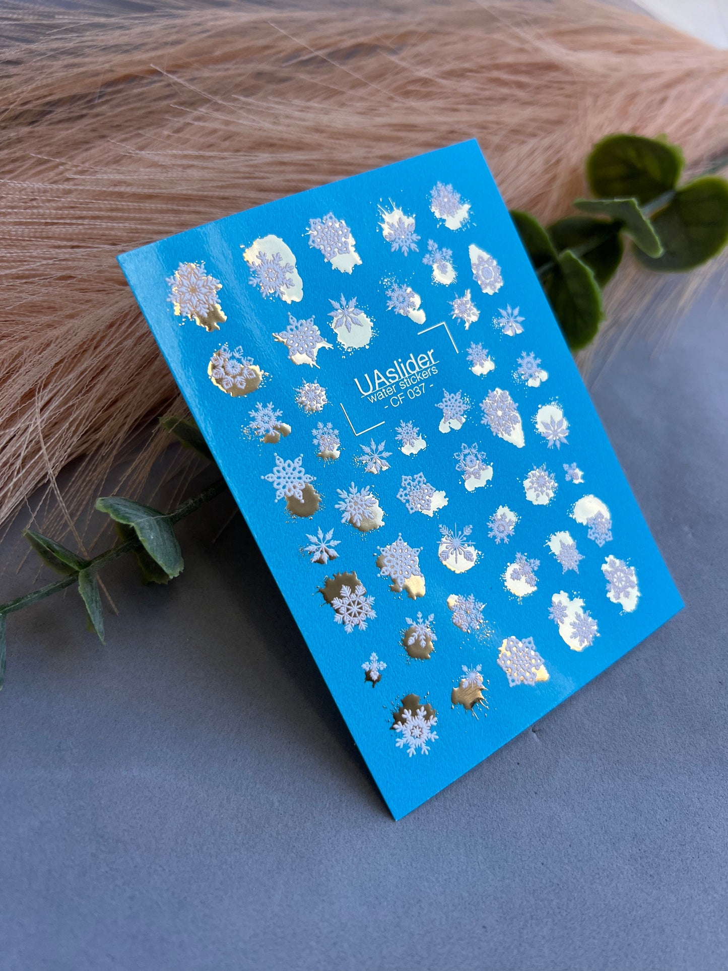 Nail Water Decal CF-037 | Snowflake Water Slide Nail Decals | White Winter Snowflakes with Gold Foil