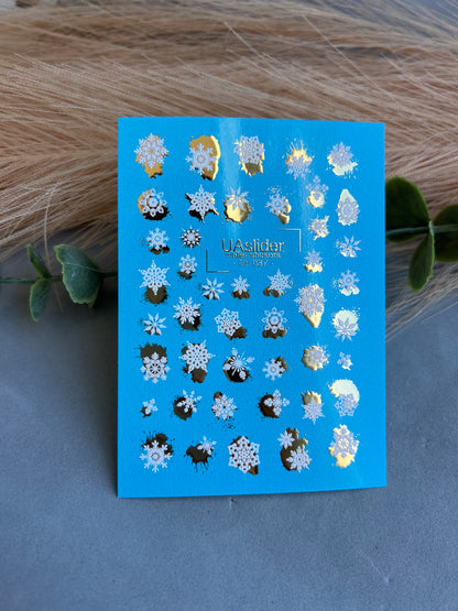 Nail Water Decal CF-037 | Snowflake Water Slide Nail Decals | White Winter Snowflakes with Gold Foil