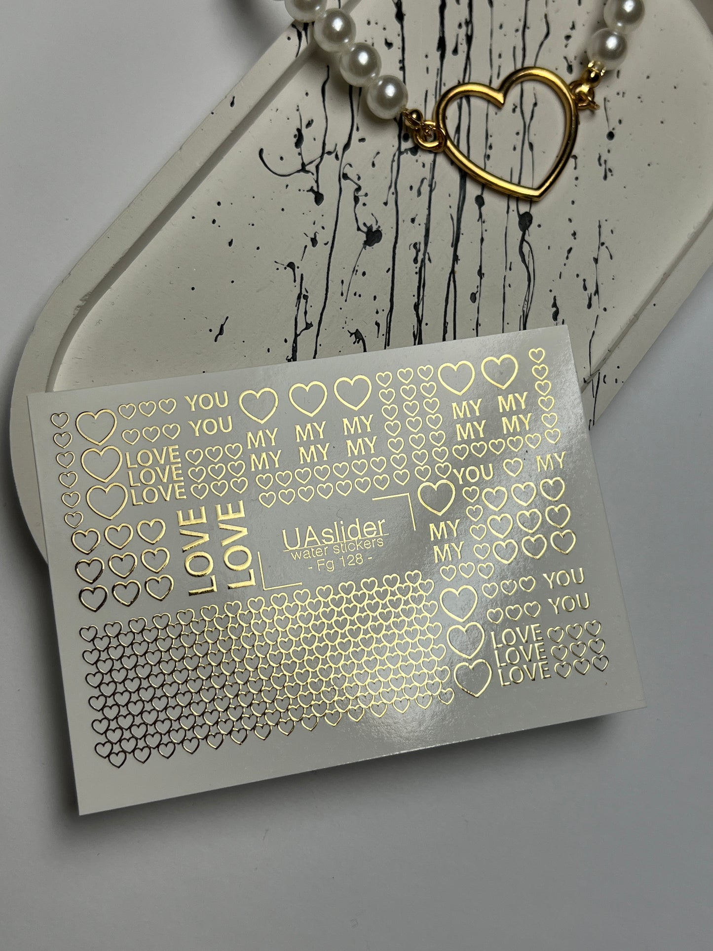 Adesivi per unghie ad acqua Fg-128 | Adesivi per unghie a scivolamento ad acqua con cuori dorati e parole d'amore | Romantico San Valentino