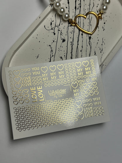 Adesivi per unghie ad acqua Fg-128 | Adesivi per unghie a scivolamento ad acqua con cuori dorati e parole d'amore | Romantico San Valentino