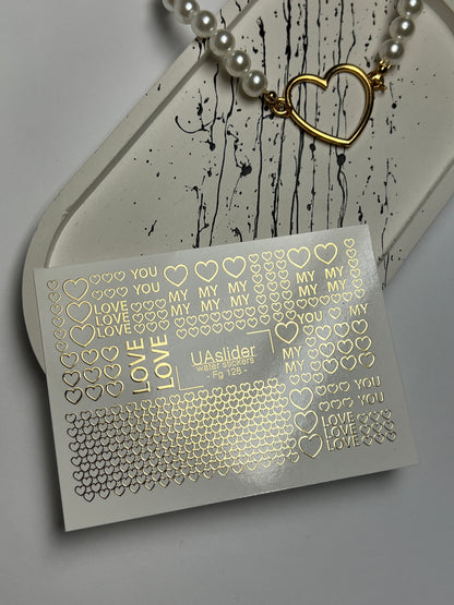 Adesivi per unghie ad acqua Fg-128 | Adesivi per unghie a scivolamento ad acqua con cuori dorati e parole d'amore | Romantico San Valentino