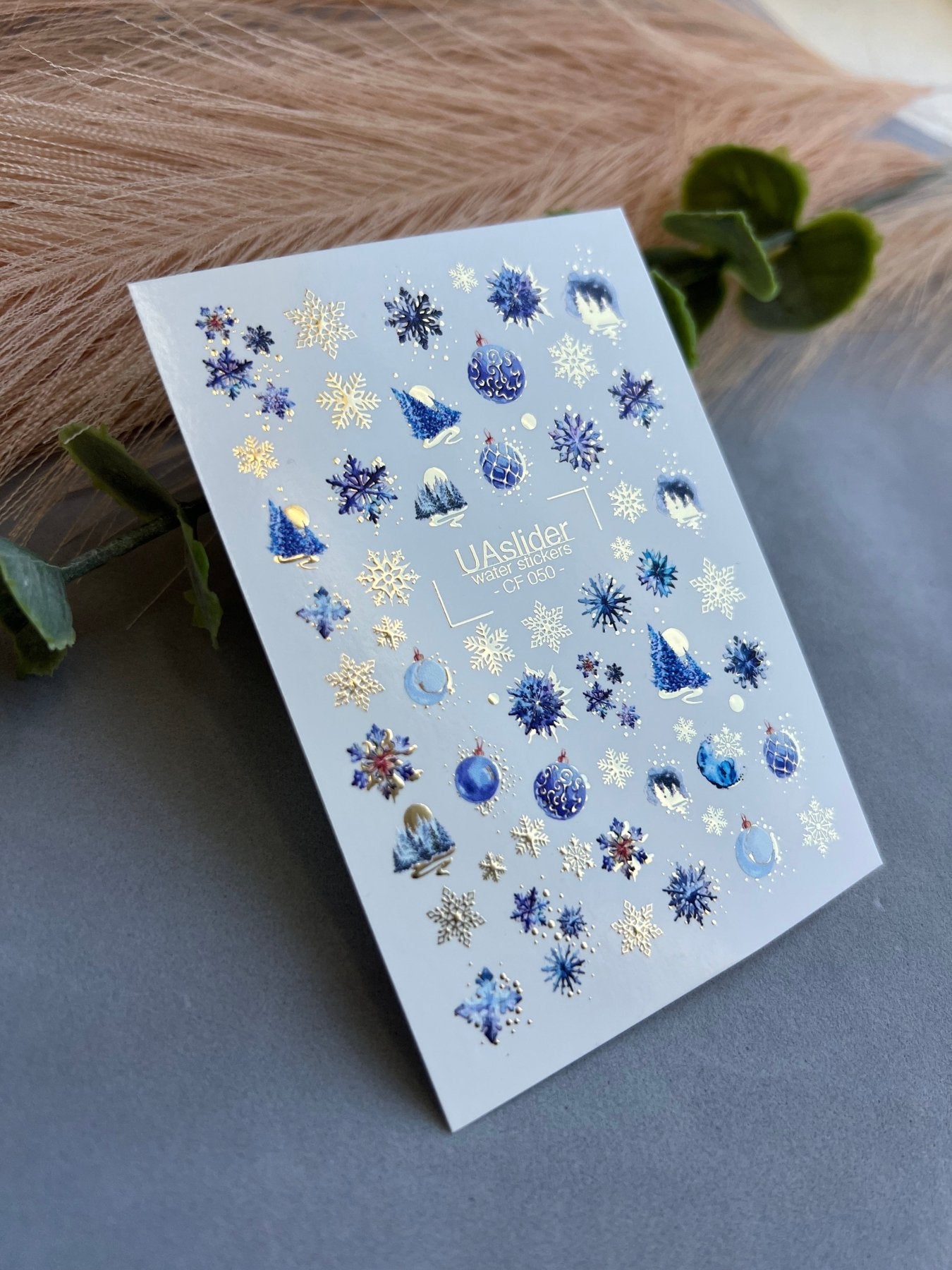 Nail Water Decal CF-050 | Blue Winter Nail Water Decals | Snowflakes, Trees & Christmas Ornaments - UASLIDER