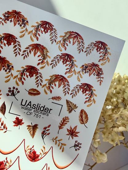 Nail Water Decal CF-751 | Water Slide Nail Decals | Autumn Leaves and Gold Branches