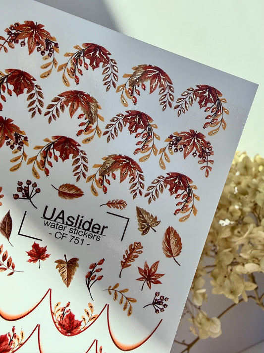 Nail Water Decal CF-751 | Water Slide Nail Decals | Autumn Leaves and Gold Branches