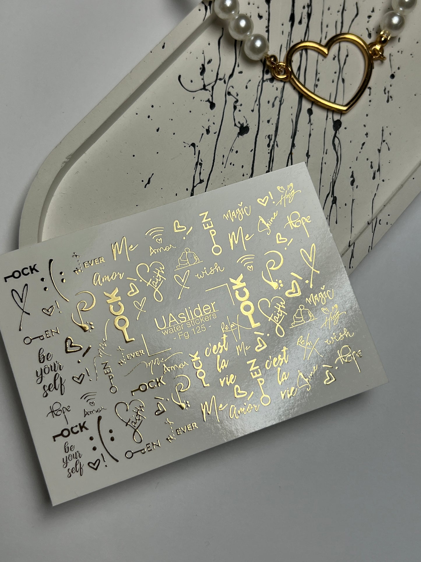 ネイルウォーターデカール Fg-125 | ゴールドの引用符と鍵付きウォータースライドネイルデカール | ロマンチックモダンスタイル
