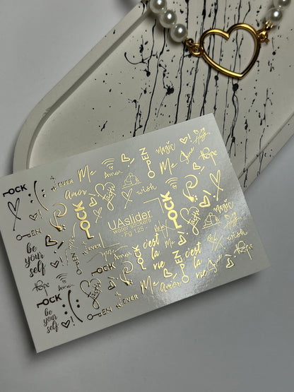 ネイルウォーターデカール Fg-125 | ゴールドの引用符と鍵付きウォータースライドネイルデカール | ロマンチックモダンスタイル