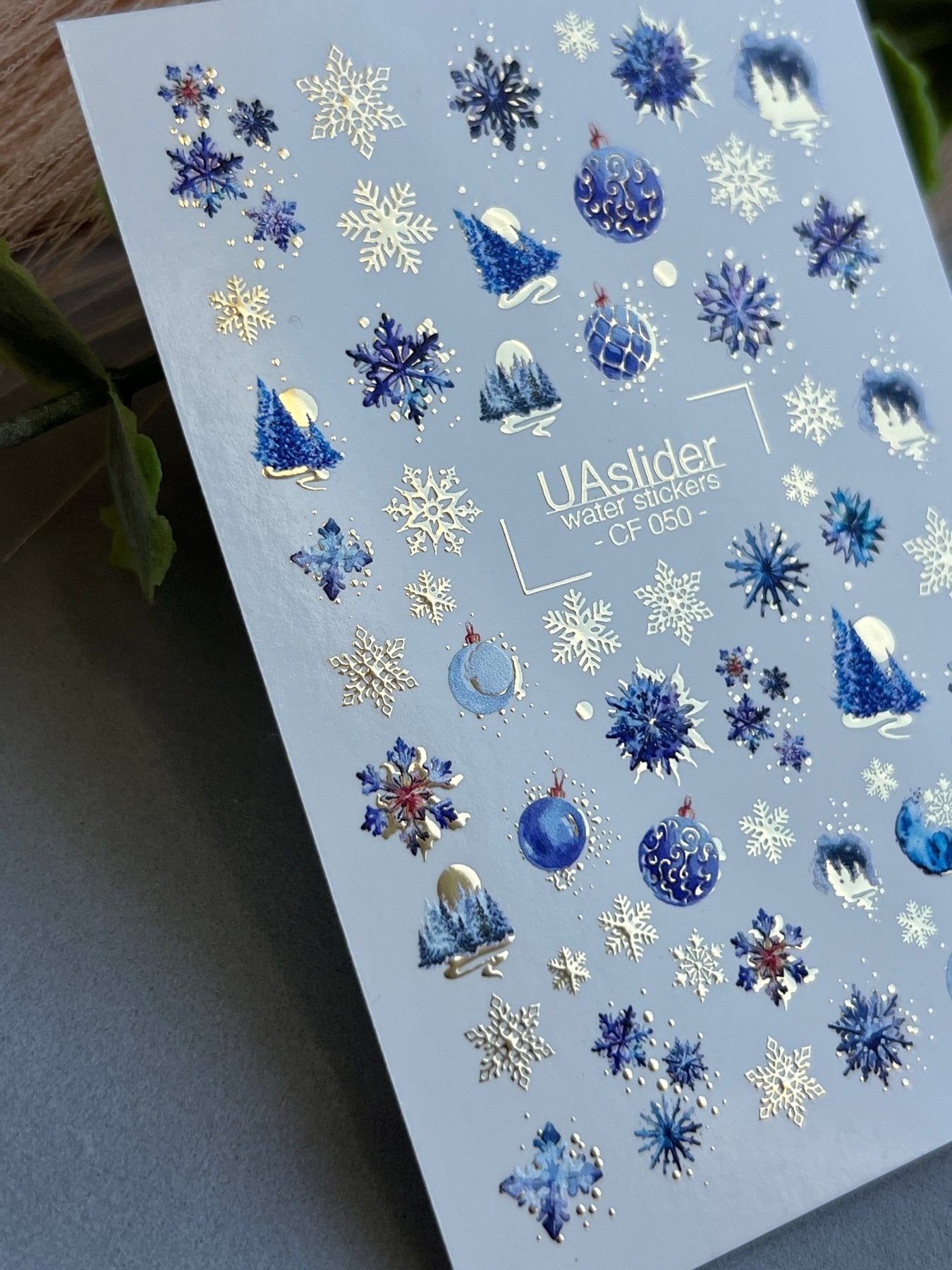 Nail Water Decal CF-050 | Blue Winter Nail Water Decals | Snowflakes, Trees & Christmas Ornaments - UASLIDER