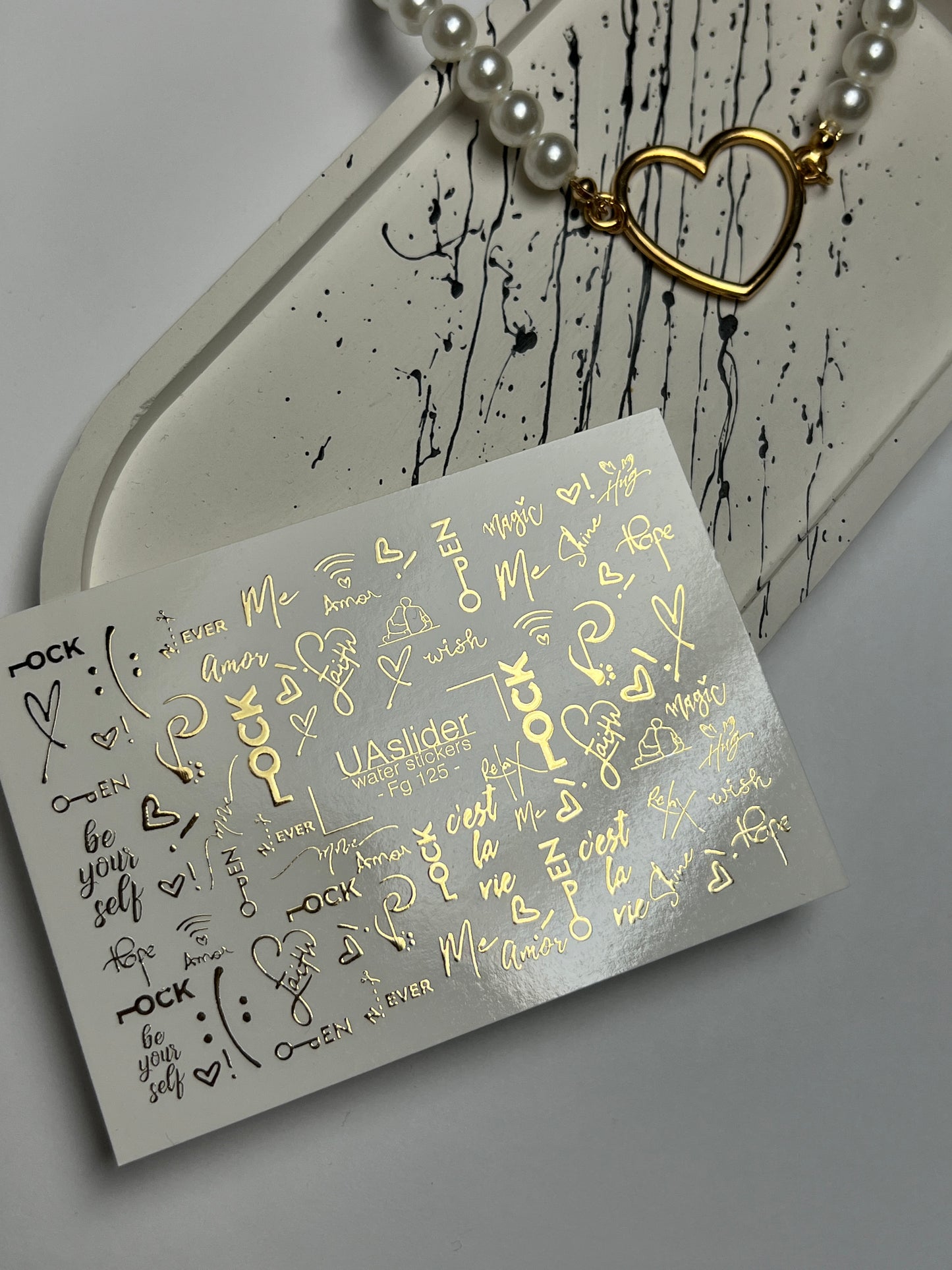 ネイルウォーターデカール Fg-125 | ゴールドの引用符と鍵付きウォータースライドネイルデカール | ロマンチックモダンスタイル