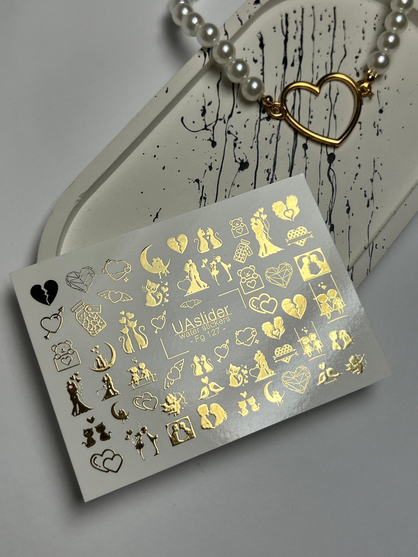Nail Water Decal Fg-127 | Water Slide Nail Decals with Gold Couples & Hearts | Romantic Love - UASLIDER